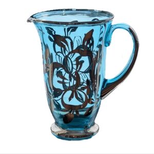 Bohemian Blue Glass Pitcher With Silver Overlay Floral Design